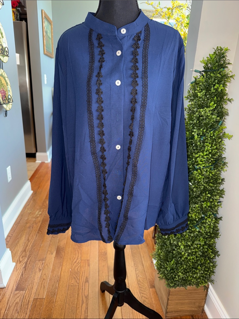 Navy Button-Down Lace Trim Blouse - Women